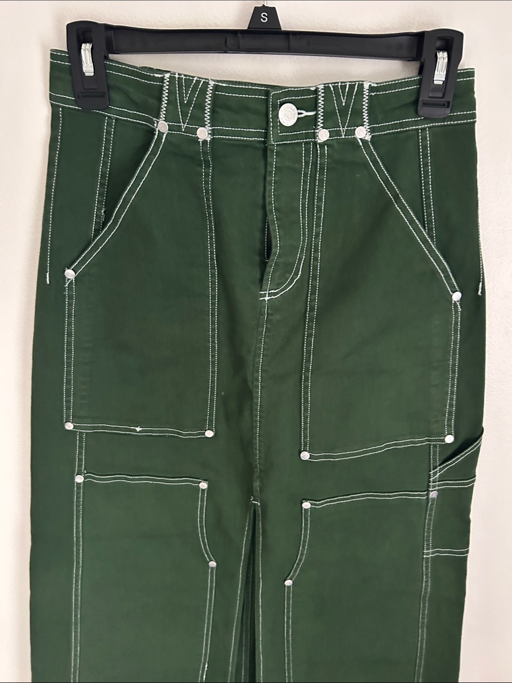 Anthr Pilcro Forest Green Carpenter Skirt Front Slit and Contrast Stitching - Picture 9 of 15